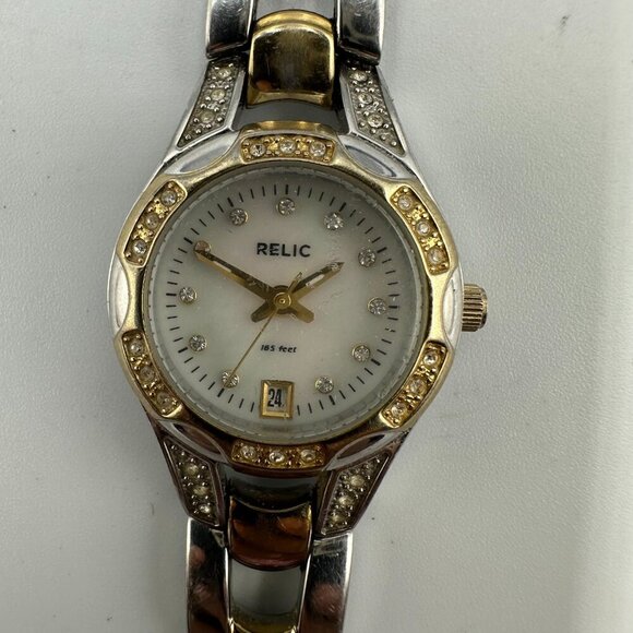 3/$30 Relic Watch Women Silver/ Gold Crystal Bezel Date Window MOP Dial 6.5" - Picture 2 of 16